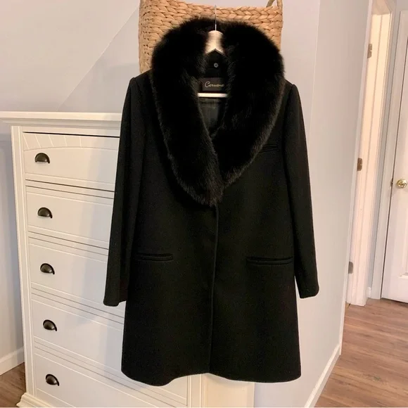 Caruana Wool Coat with Fox Fur Collar, Fabric by Loro Piana Mid Length Size 12 - Picture 1 of 15